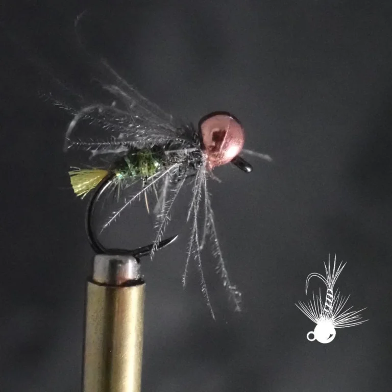 Tungsten Caddis Green and Copper Nymph fly in the vise