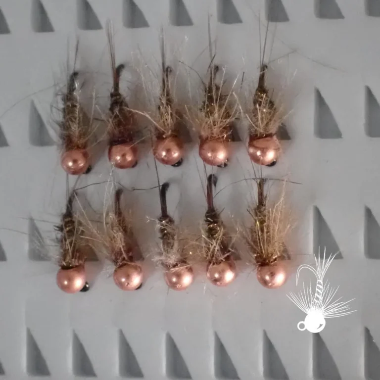 Ten copper-bead Brown Sugar Perdigon nymphs lined up in rows