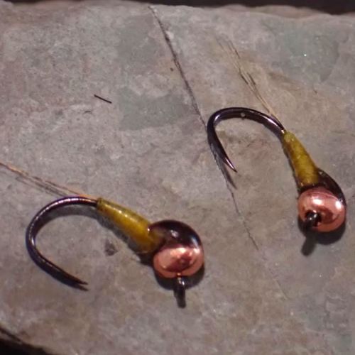Two copper-bead nymphs on a slate rock