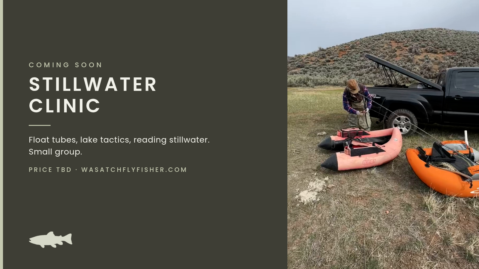 An angler rigging beside two float tubes and a truck with the text Stillwater Clinic, coming soon