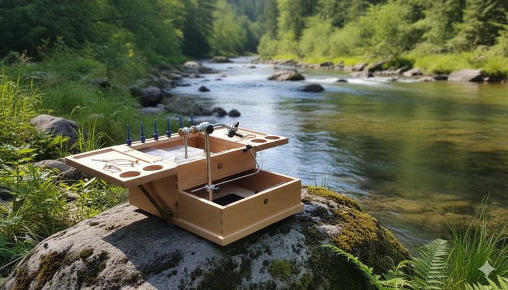 Twisted Feather Daytripper traveling fly tying box, open beside a river