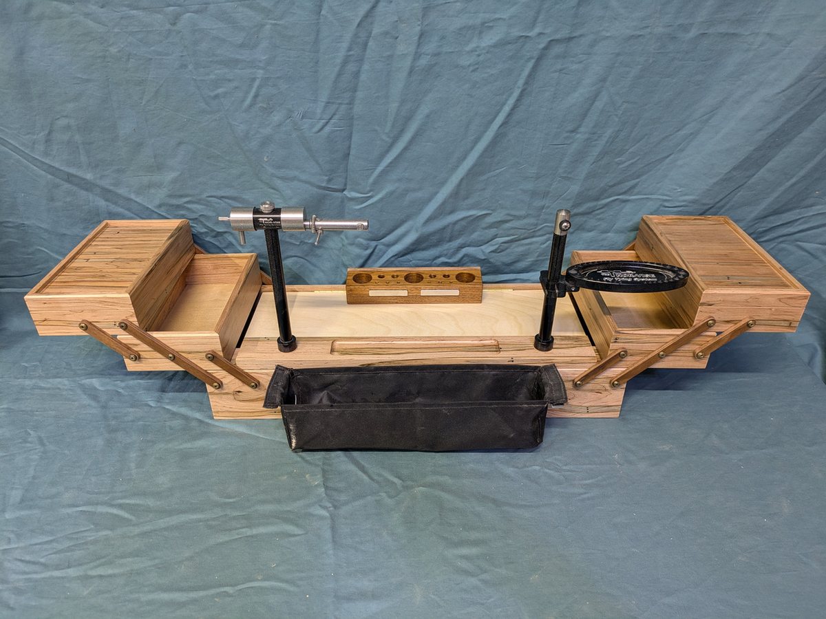 Twisted Feather Mackenzie Magnum fly tying chest, opened out with vises mounted